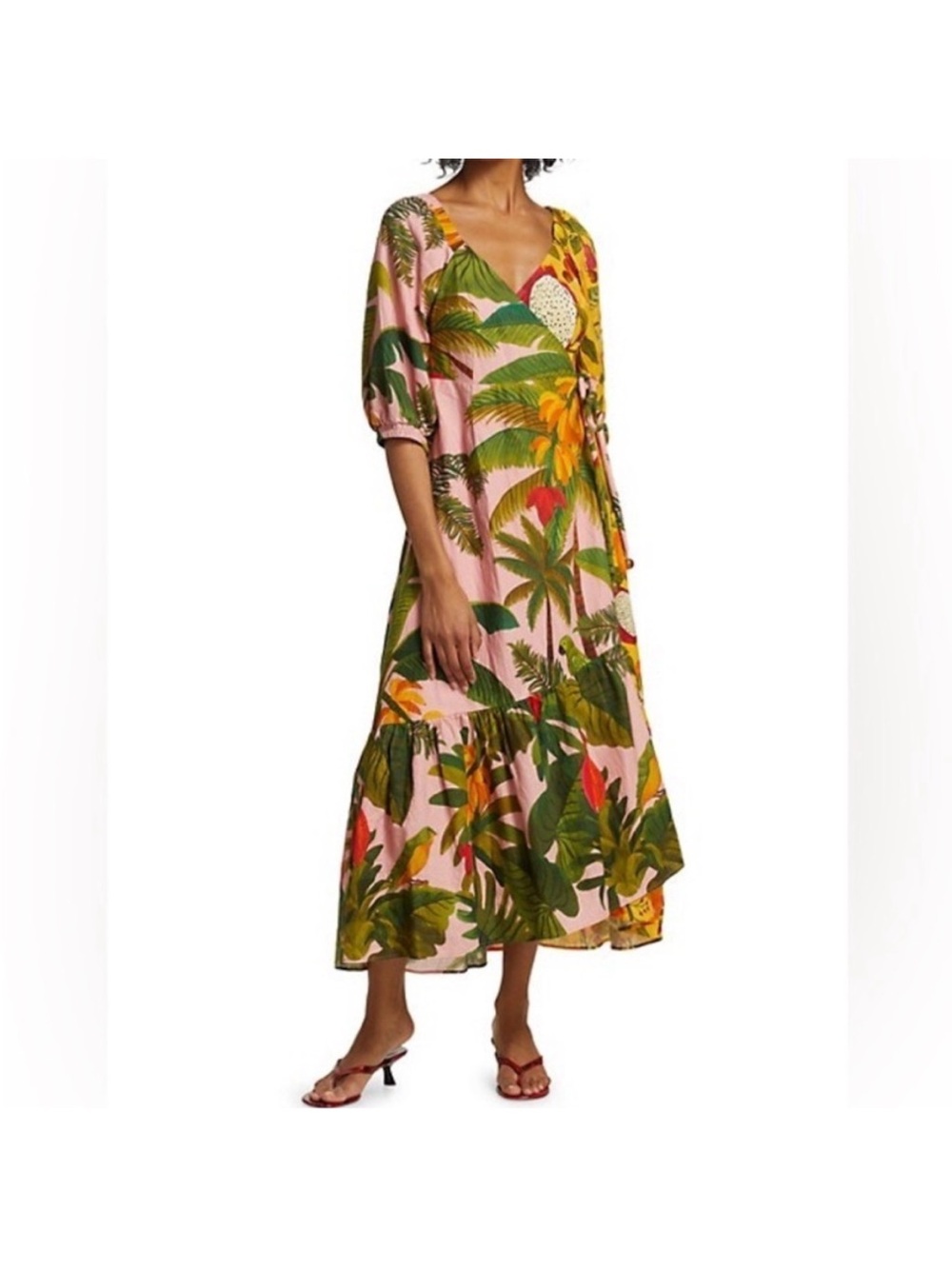 FARM Rio Pink Tropical Palm Wrap Midi Dress
